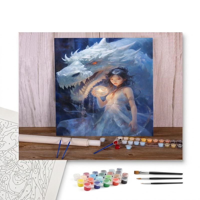 Contenu complet du kit peinture par numero La Gardienne à l'Orbe et le Dragon de Lumière