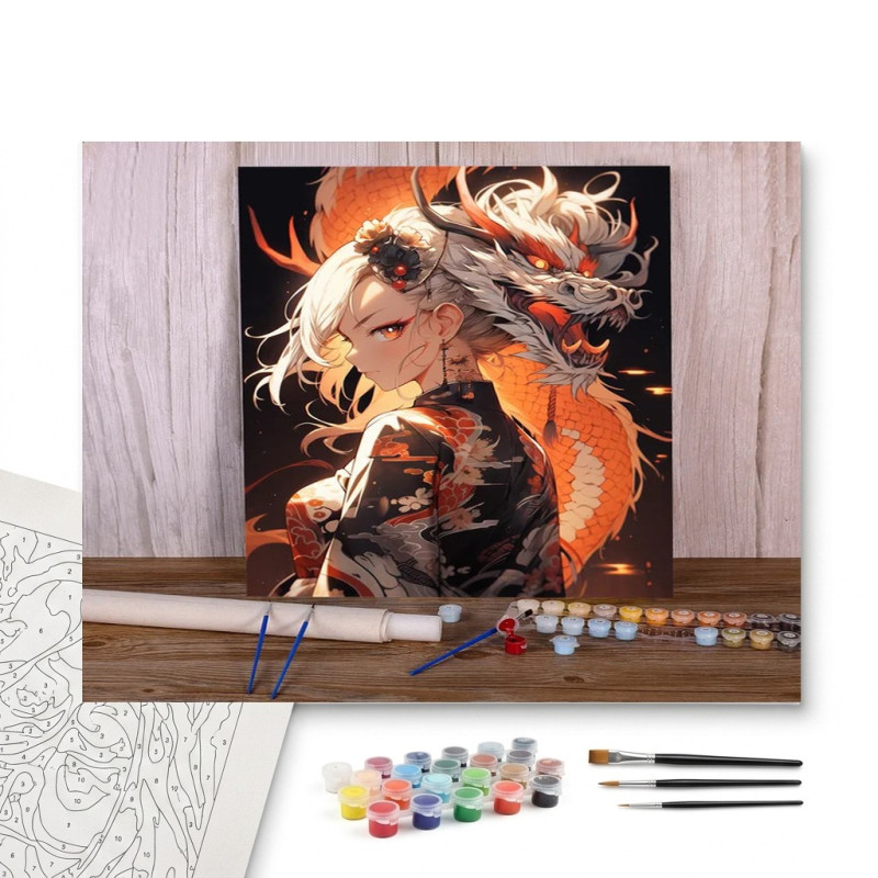 Contenu complet du kit peinture par numero La Gardienne et son Dragon de Feu Orange : Style Anime
