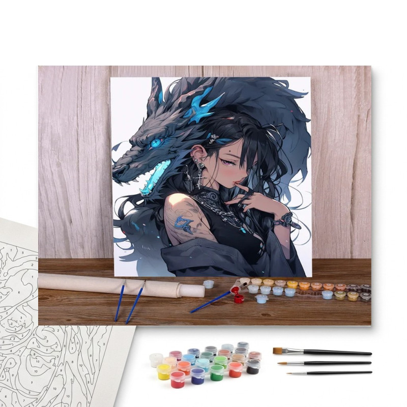 Contenu complet du kit peinture par numero La Gardienne du Dragon Sombre : Style Anime Mystique