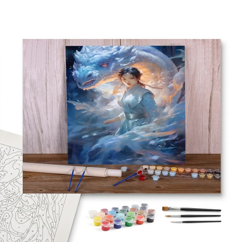 Contenu complet du kit peinture par numero La Danseuse et le Dragon des Glaces : Beauté Boréale