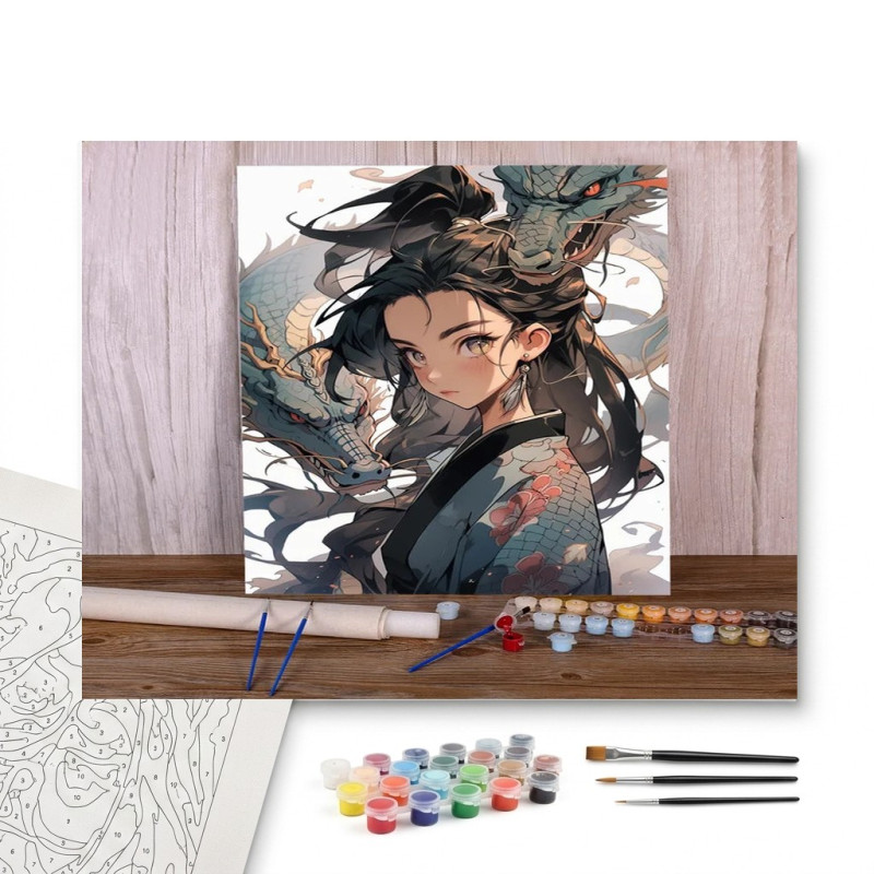 Contenu complet du kit peinture par numero La Gardienne au Kimono et son Dragon Sacré