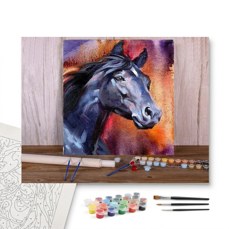 Contenu complet du kit peinture par numero Portrait de l'Étalon Noir et Éclats de Feu