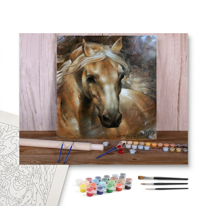 Contenu complet du kit peinture par numero Portrait de l'Étalon Palomino Doré