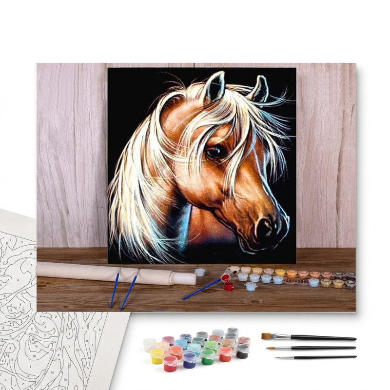 Contenu complet du kit peinture par numero Portrait Cheval Alezan Intense