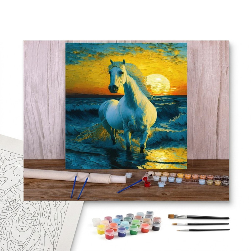 Contenu complet du kit peinture par numero Cheval Blanc sur l'Océan au Soleil Couchant