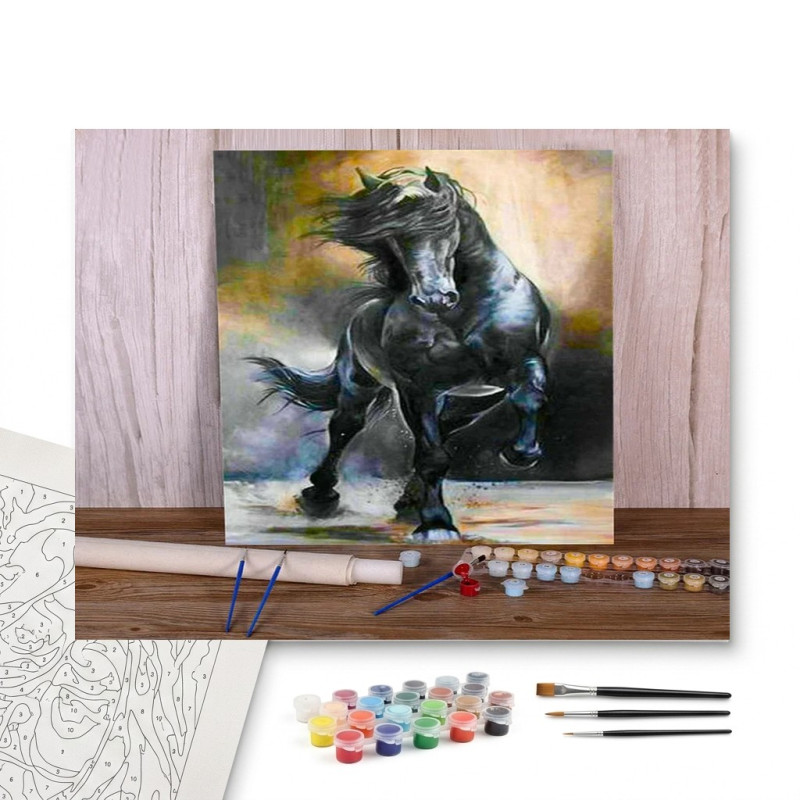 Contenu complet du kit peinture par numero Cheval Noir Fougueux Mystique