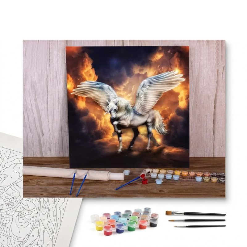 Contenu complet du kit peinture par numero Cheval Ailé Envol Enflammé Sublime