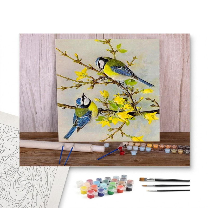 Contenu complet du kit peinture par numero Duo de Mésanges Bleues et Printemps Jaune