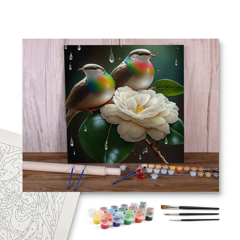 Contenu complet du kit peinture par numero Duo d'Oiseaux Arc-en-Ciel sur Fleur Blanche