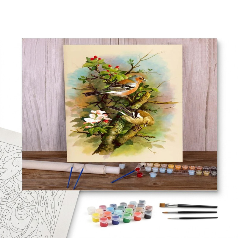 Contenu complet du kit peinture par numero Pinsons des Bois et Branche de Cerisier : Douceur du Jardin