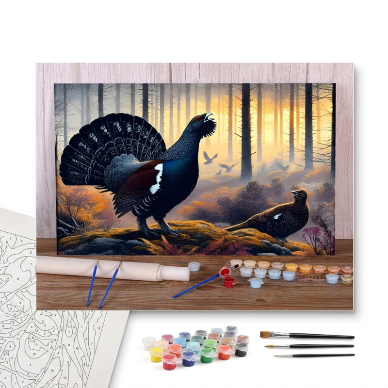 Contenu complet du kit peinture par numero Le Grand Tétras dans la Forêt Brumeuse
