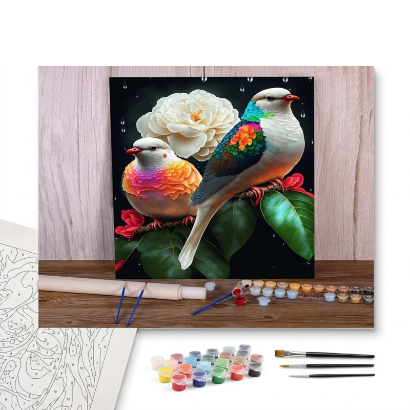Contenu complet du kit peinture par numero Oiseaux Flamboyants & Pivoine