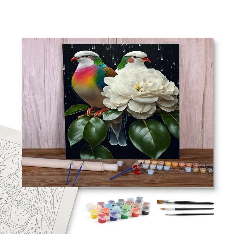 Contenu complet du kit peinture par numero Duo d'Oiseaux & Pivoine de Nacre