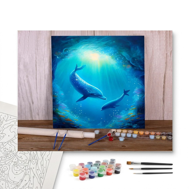 Contenu complet du kit peinture par numero Dauphins Cosmos Mystique Toile Féerique