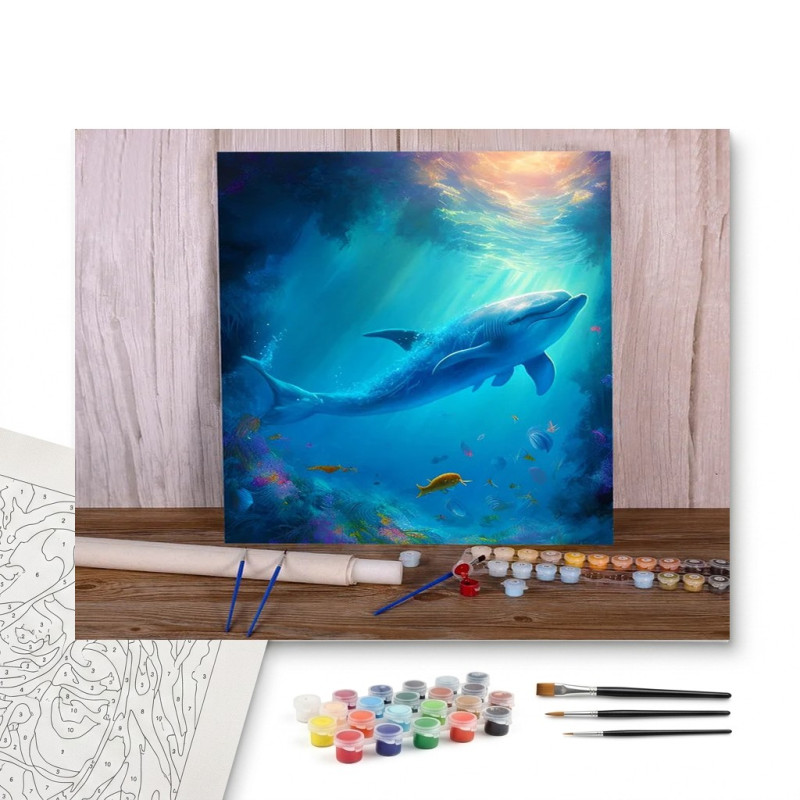 Contenu complet du kit peinture par numero Dauphins Galaxie Sous-Marine Toile Magique