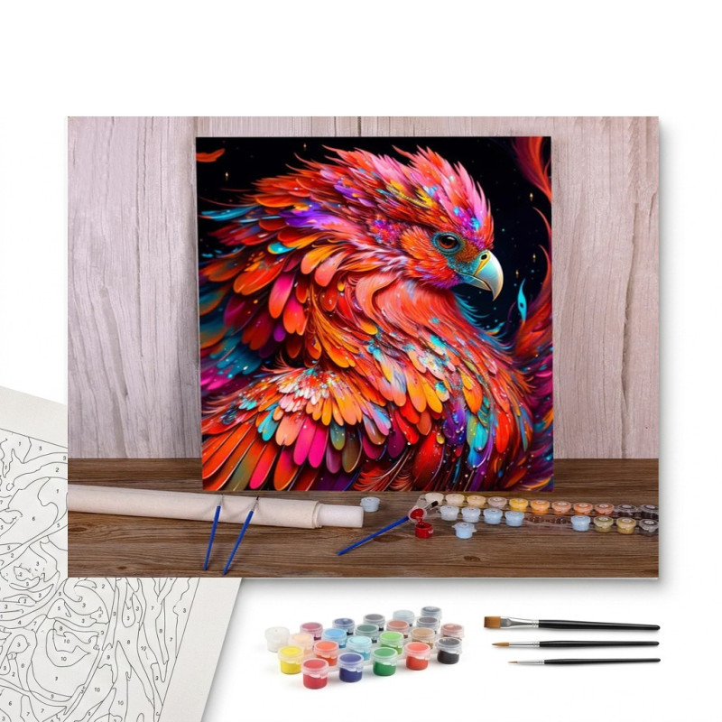 Contenu complet du kit peinture par numero Cacatoès Flamboyant