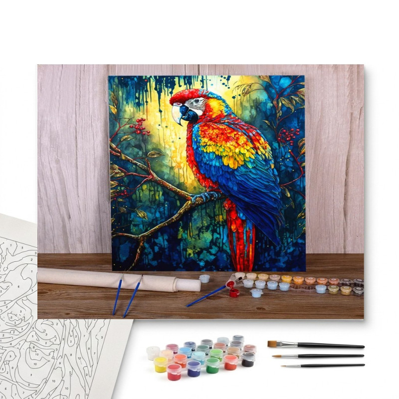 Contenu complet du kit peinture par numero Ara sous la Pluie Tropicale