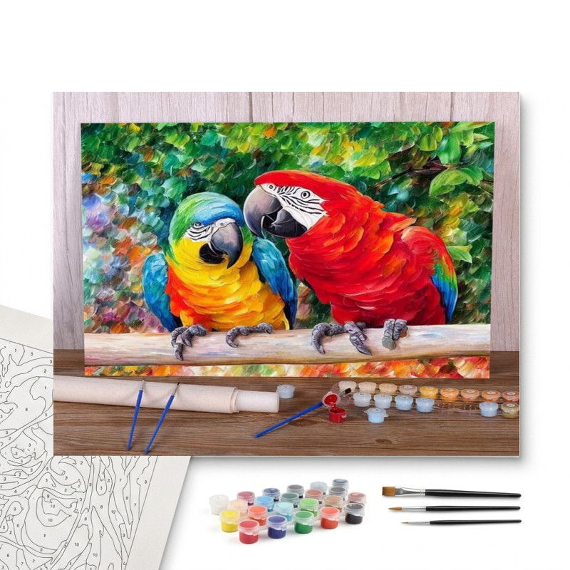 Contenu complet du kit peinture par numero Aras Colorés de la Jungle