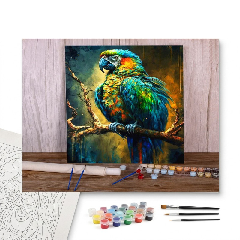Contenu complet du kit peinture par numero Ara Mystique des Forêts