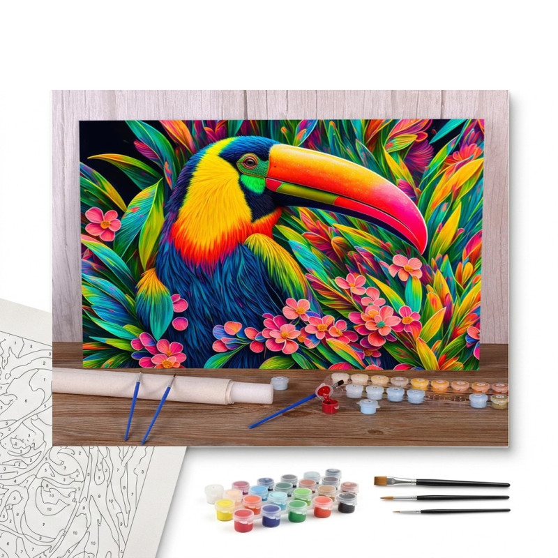 Contenu complet du kit peinture par numero Toucan Arc-en-Ciel Tropical