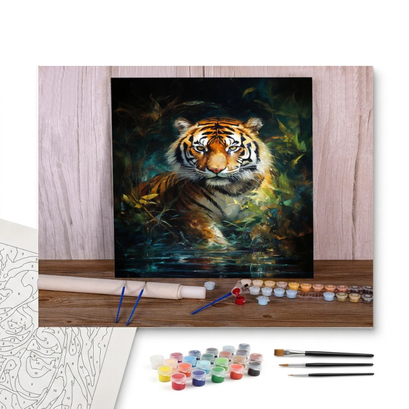 Contenu complet du kit peinture par numero Le Tigre Royal de la Forêt Ombragée