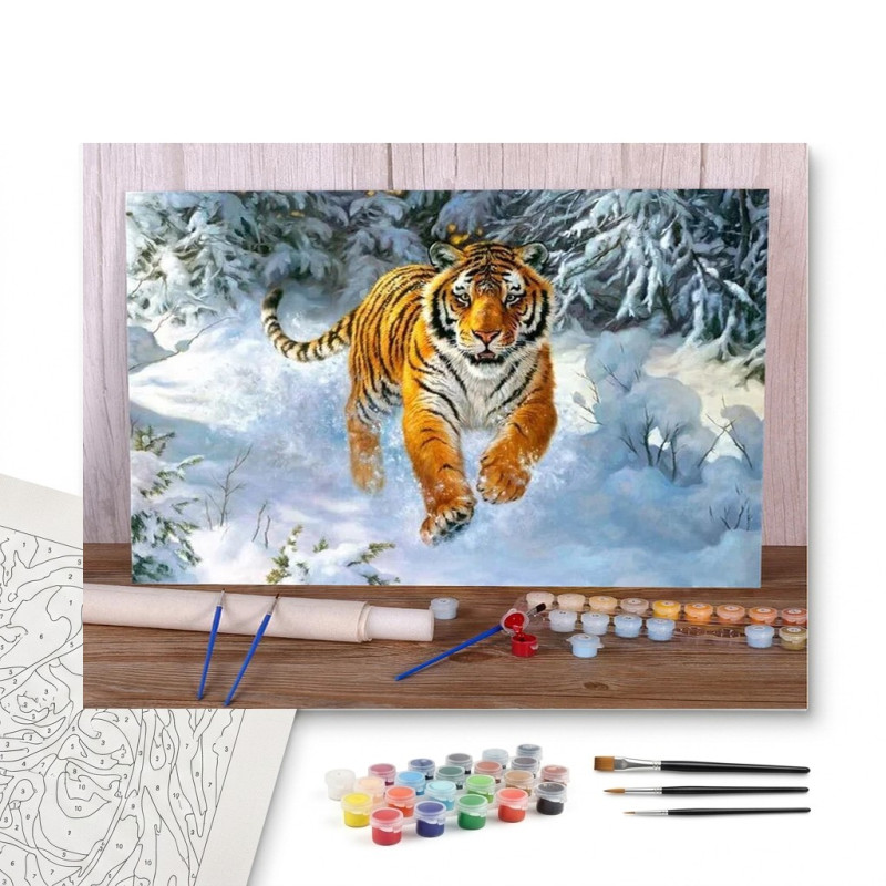 Contenu complet du kit peinture par numero Le Tigre des Neiges et sa Marche Majestueuse