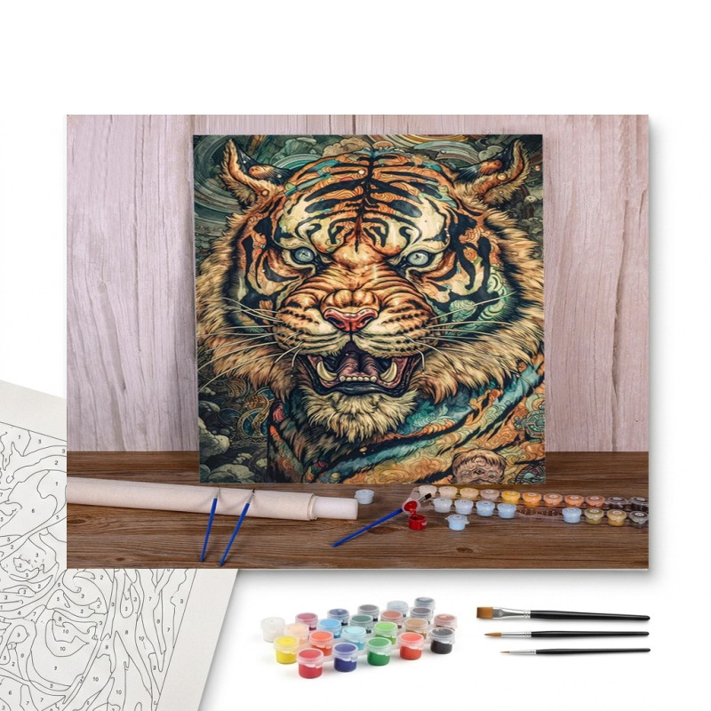 Contenu complet du kit peinture par numero Le Tigre Impérial au Rugissement Tatouage