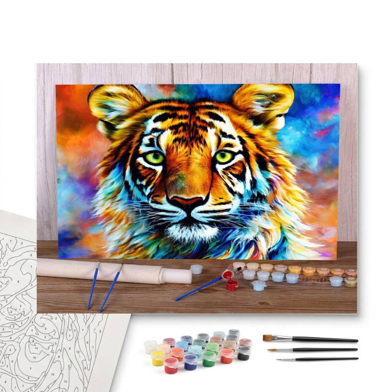 Contenu complet du kit peinture par numero Le Tigre aux Couleurs de l'Arc-en-Ciel