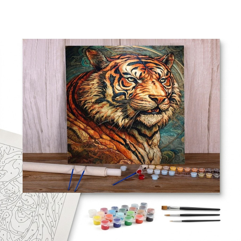 Contenu complet du kit peinture par numero Le Tigre Impérial aux Yeux d'Émeraude