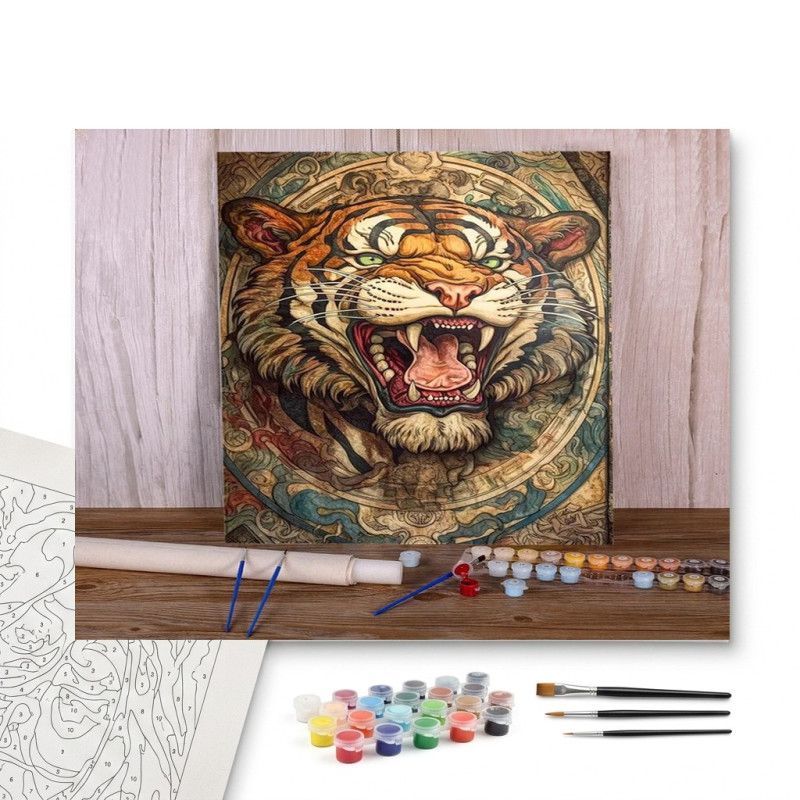 Contenu complet du kit peinture par numero Tigre Tribal au Rugissement Impérial