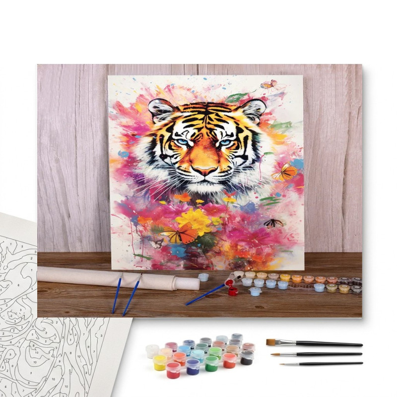 Contenu complet du kit peinture par numero Tigre aux Éclats de Fleurs et Papillons