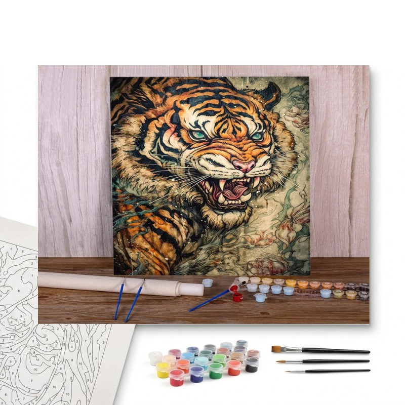 Contenu complet du kit peinture par numero Le Rugissement du Tigre au Style Illustratif