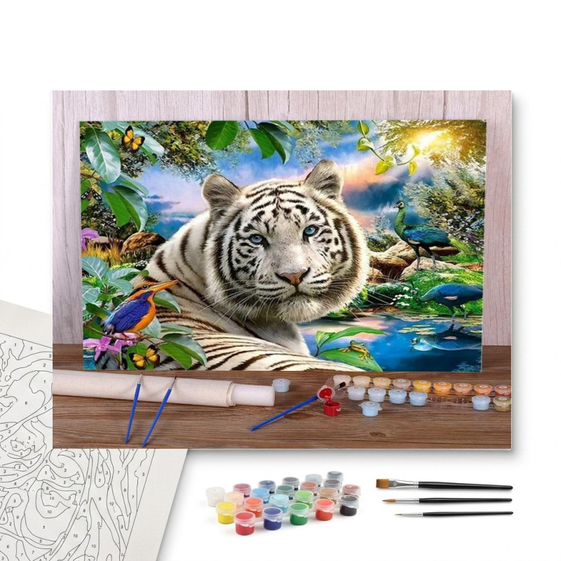 Contenu complet du kit peinture par numero Le Tigre Blanc de l'Oasis Secrète