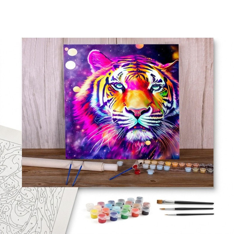 Contenu complet du kit peinture par numero Le Tigre Néon Galactique Pop Art
