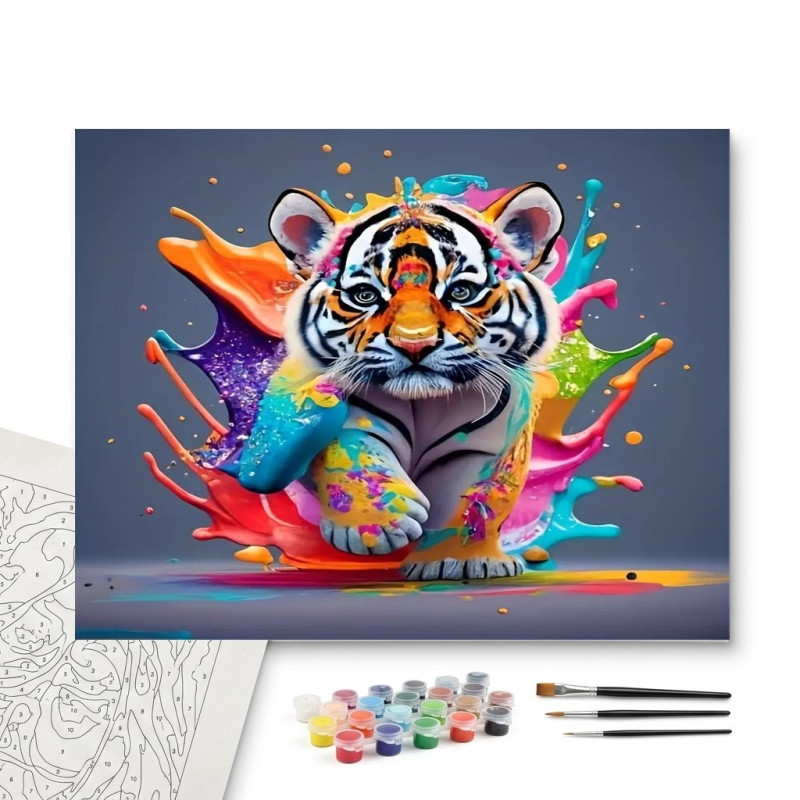 Contenu complet du kit peinture par numero Bébé Tigre Splash Art Multicolore