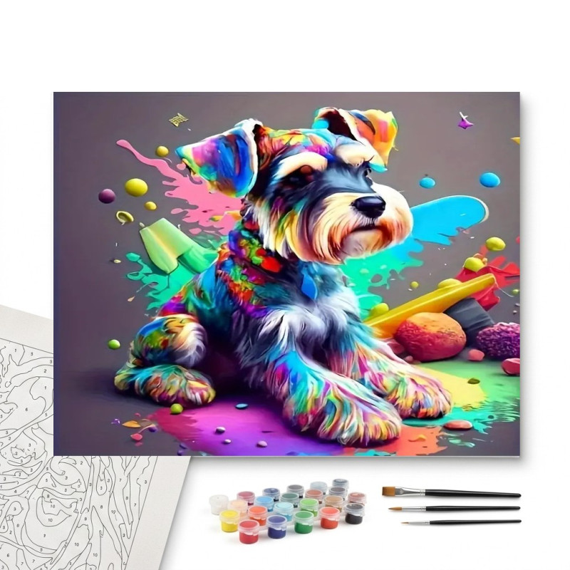 Contenu complet du kit peinture par numero Schnauzer Arc-en-Ciel : Style Pop Art