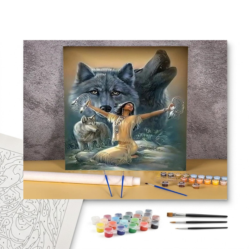 Contenu complet du kit peinture par numero L'Esprit du Loup et la Chamane