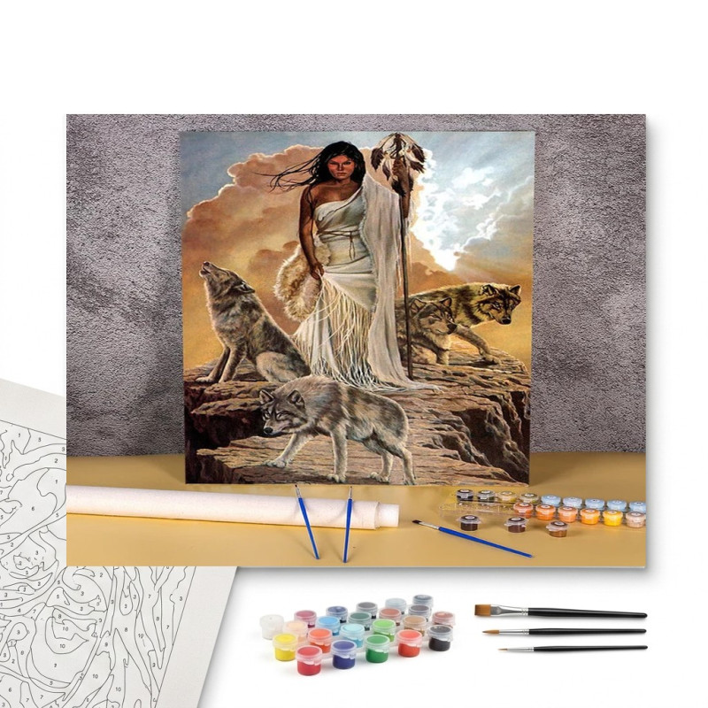 Contenu complet du kit peinture par numero Chamane Amérindienne et sa Meute
