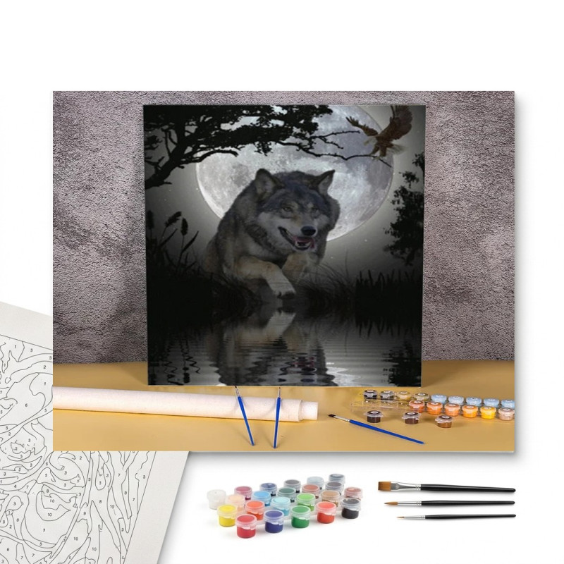 Contenu complet du kit peinture par numero Loup au Clair de Lune & Aigle