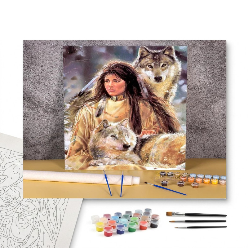 Contenu complet du kit peinture par numero La Gardienne des Loups sous la Neige