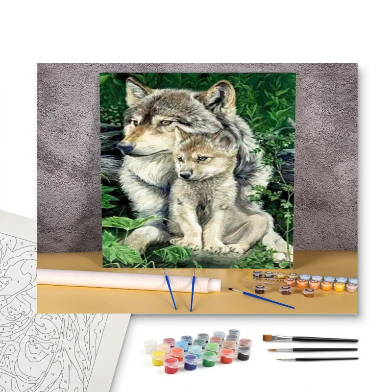 Contenu complet du kit peinture par numero Tendresse Maternelle Louve et Louveteau