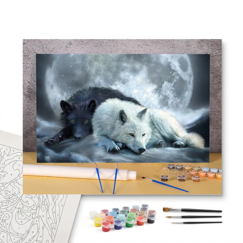 Contenu complet du kit peinture par numero L'Équilibre Lunaire : Loups Yin & Yang
