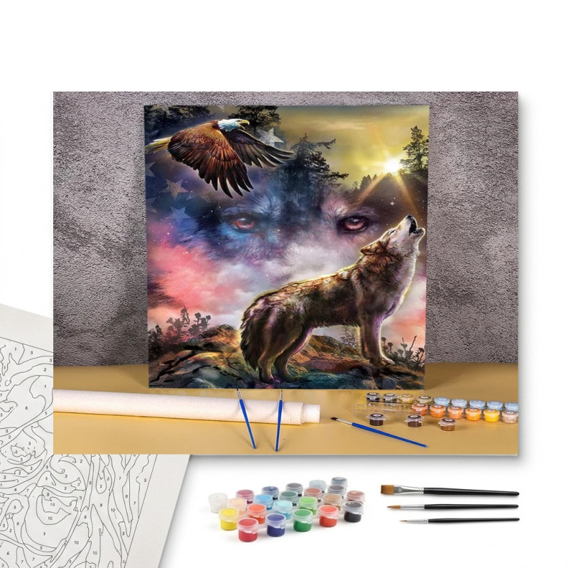 Contenu complet du kit peinture par numero Totems : Loup Hurlant et Aigle Royal