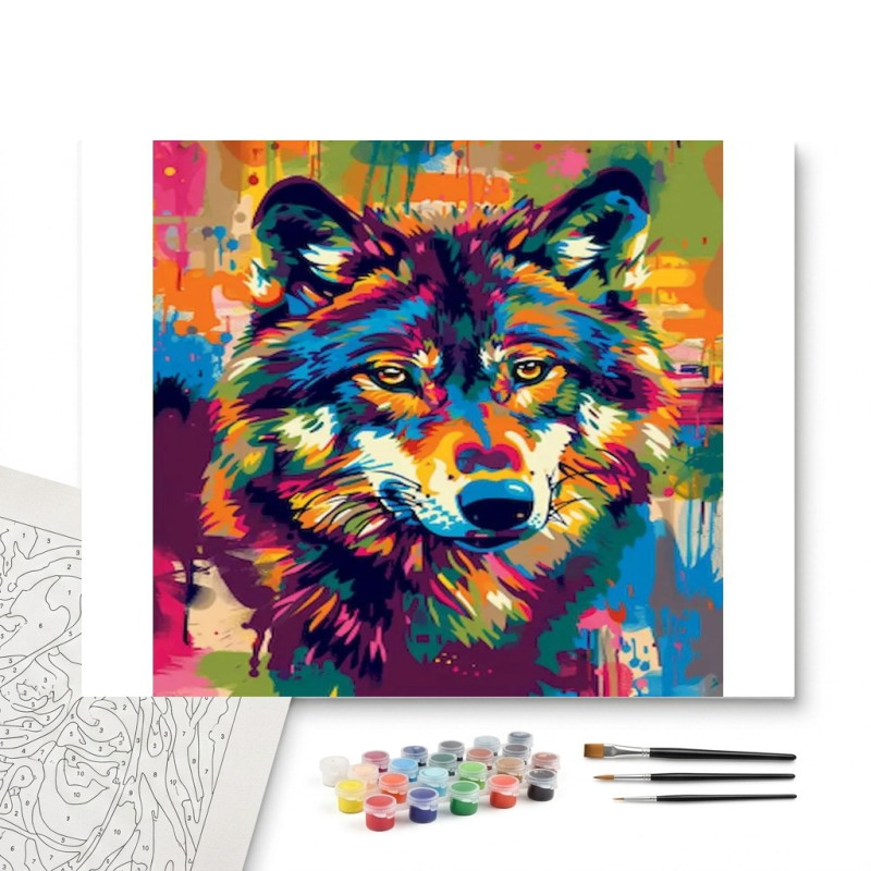 Contenu complet du kit peinture par numero Loup Esprit Sauvage au Style Pop Art