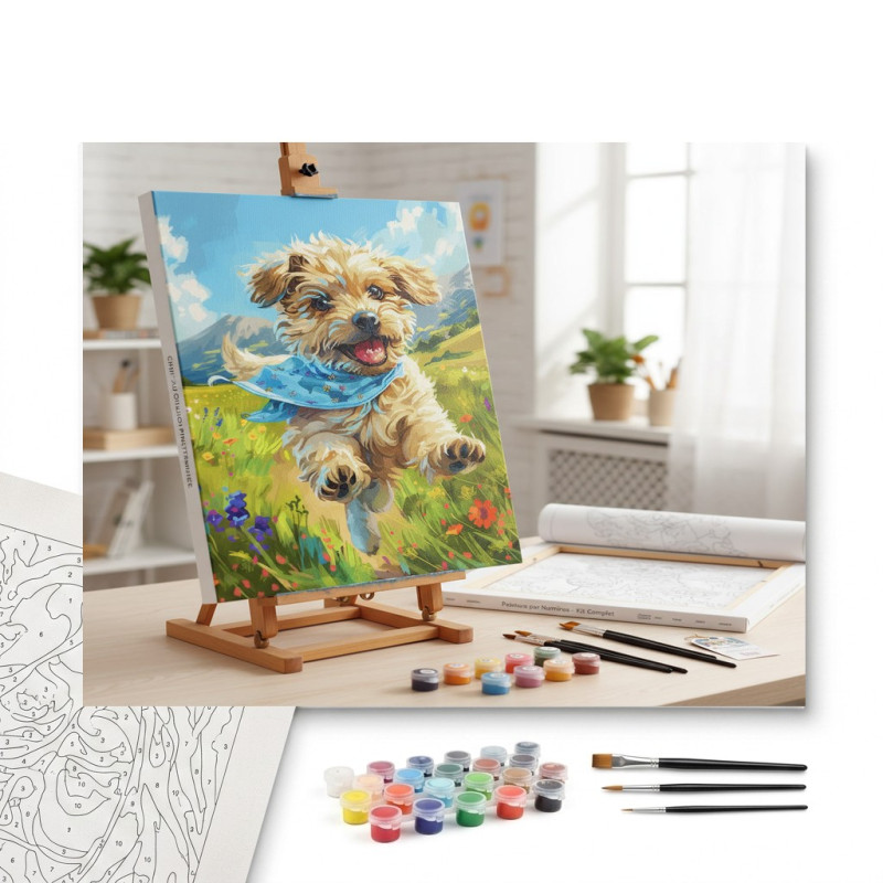 Contenu complet du kit peinture par numero Chiot Doré Aventureux au Foulard Bleu
