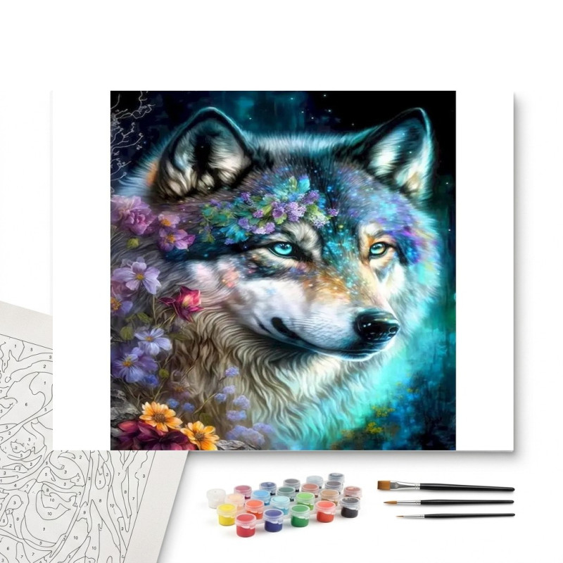Contenu complet du kit peinture par numero Loup de Nuit aux Fleurs Mauves