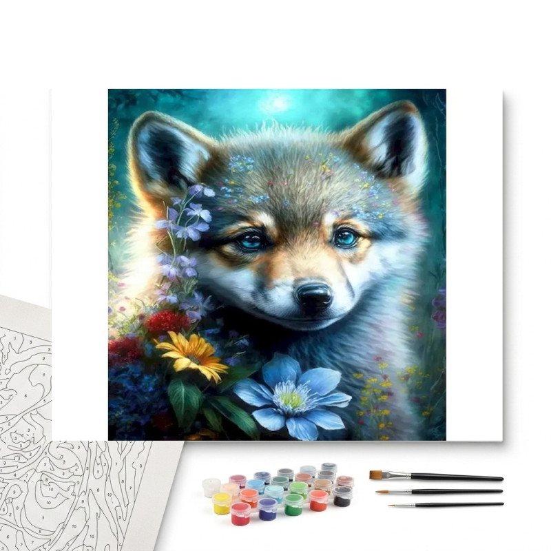 Contenu complet du kit peinture par numero Louveteau aux Yeux de Cristal et Fleurs d'Été