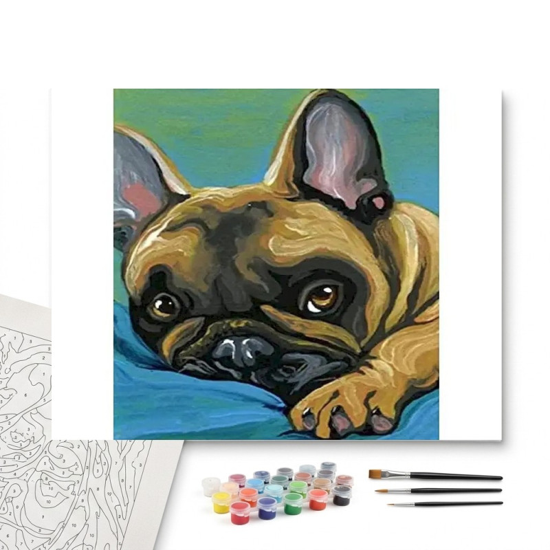 Contenu complet du kit peinture par numero Bouledogue Français au Regard Tendre