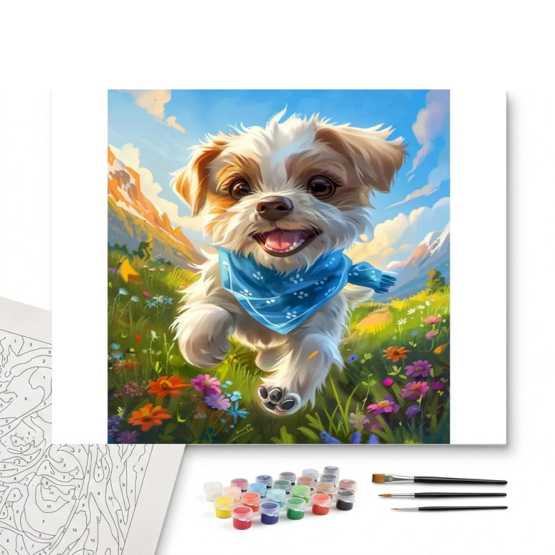 Contenu complet du kit peinture par numero Chiot Joyeux au Foulard Bleu dans la Prairie