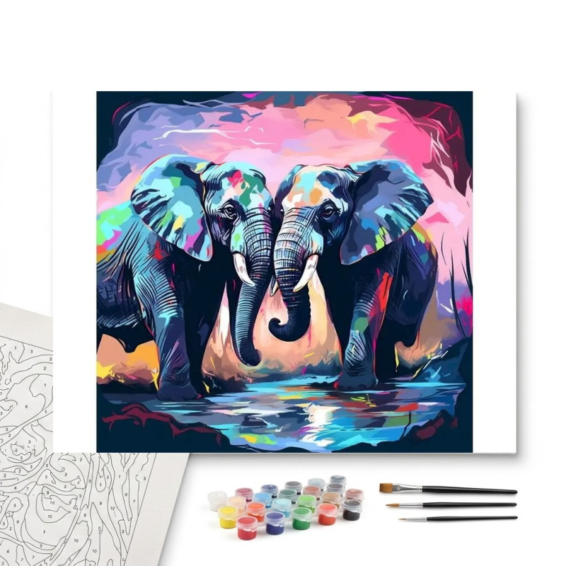 Contenu complet du kit peinture par numero Couple d'Éléphants Pop Art